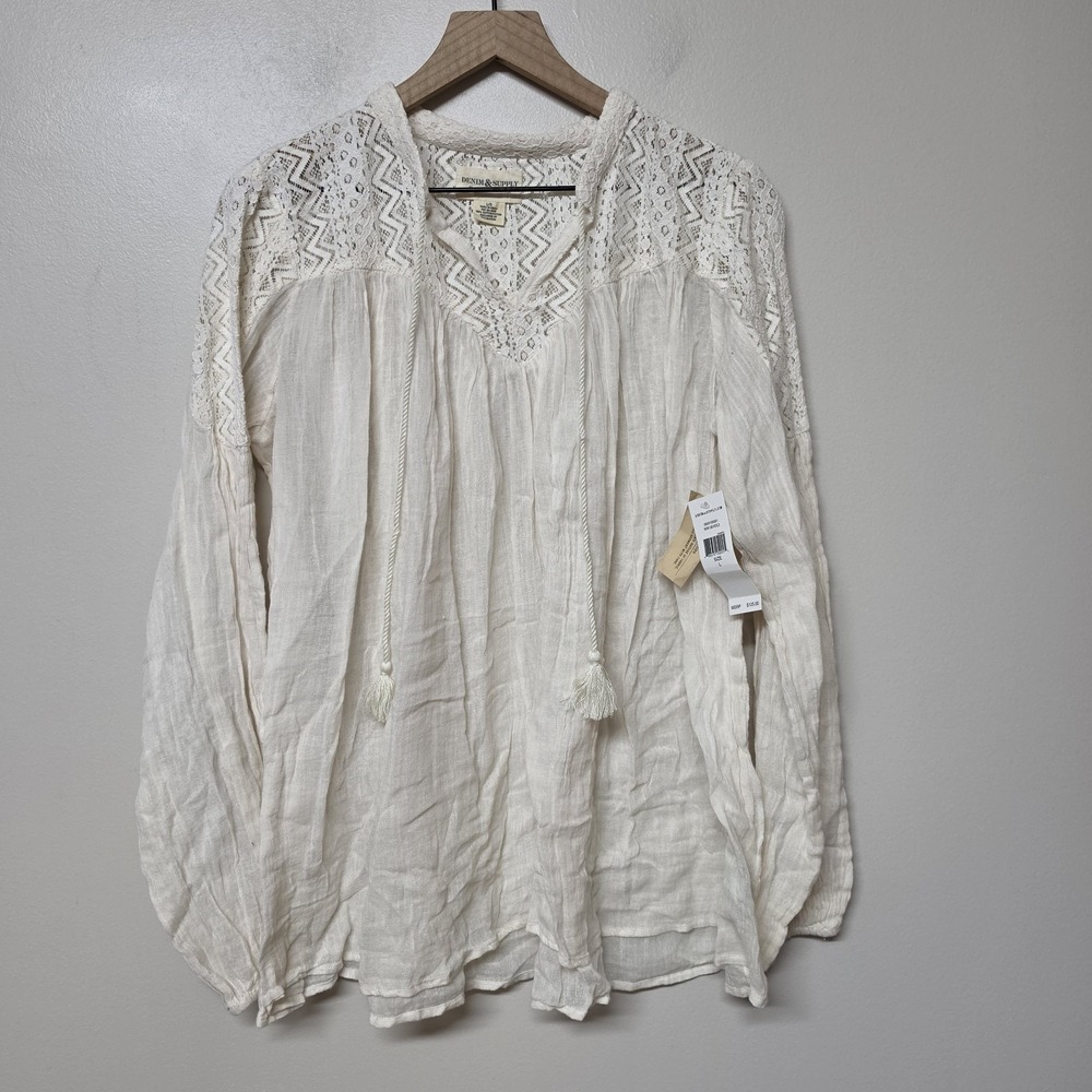 Ralph Lauren Denim & Supply Lace Peasant Blouse L Ivory Boho Cotton NWT $125